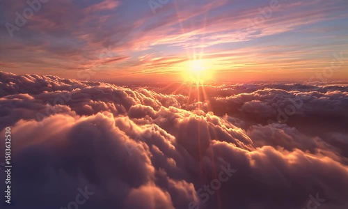 Flying Above Clouds at Sunset with Sunlight and Pink Sky Background