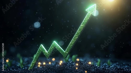 Stock market boom concept, green arrow soaring, bright and positive background