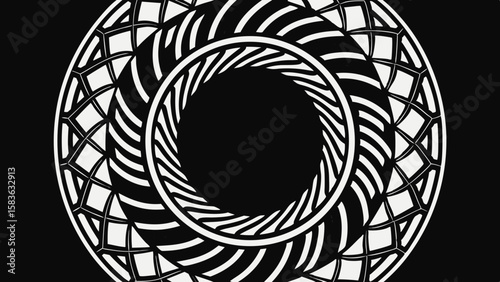 Intricate circular geometric pattern with radial symmetry and black and white contrast