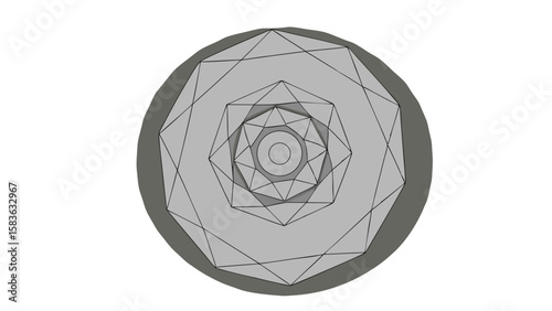 Geometric mandala pattern with concentric circles and polygons in shades of gray