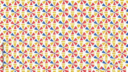 Vibrant red yellow blue pinwheel pattern with white background