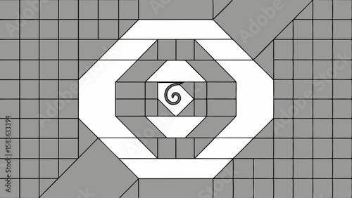 Abstract geometric spiral pattern with gray and white segments and a central black swirl