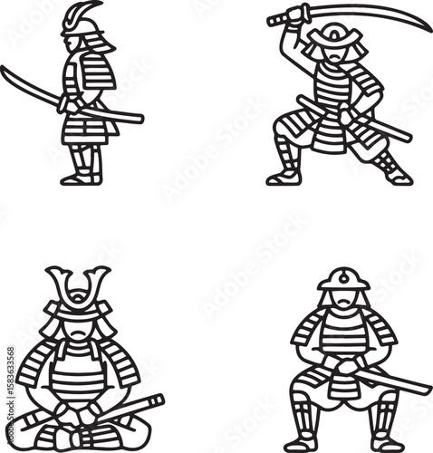 Set of Samurai Outline vector illustration isolated On Transparent Background