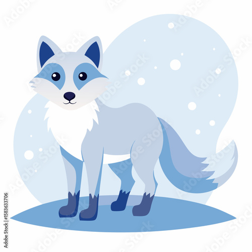 Cute cartoon arctic fox standing in snow isolated on white background