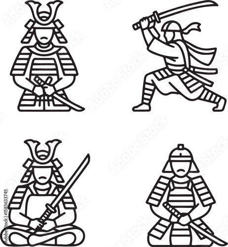 Set of Samurai Outline vector illustration isolated On Transparent Background