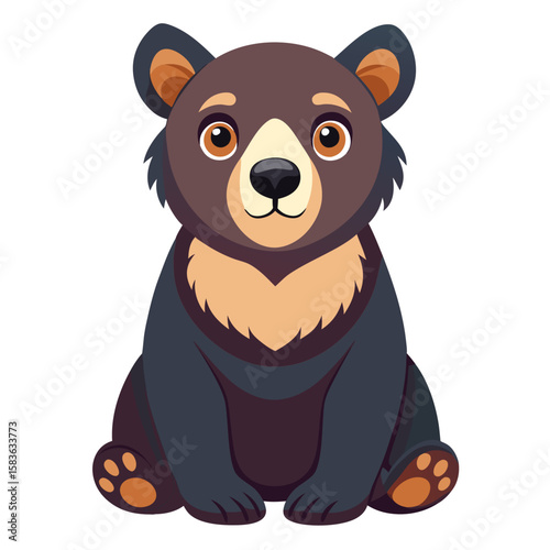 Cute cartoon bear cub sitting and looking forward isolated on white background