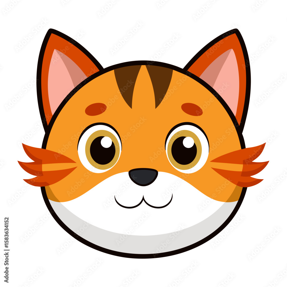Fototapeta premium Cute cartoon orange tiger cat face with big eyes isolated on white background