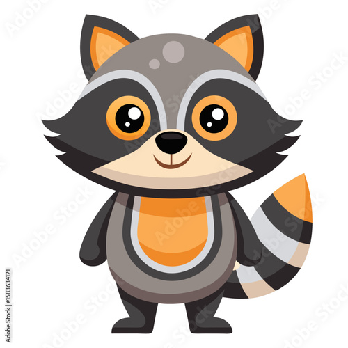 Cute cartoon raccoon standing and smiling isolated on white background