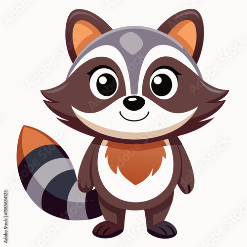 Cute cartoon raccoon with big eyes and striped tail isolated on white background