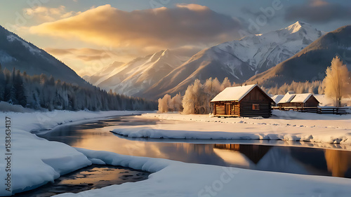 A Cozy Winter Scene with a Cabin by a River,4k