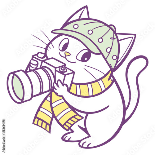 Cartoon cat photographer wearing a hat and scarf holding a camera  