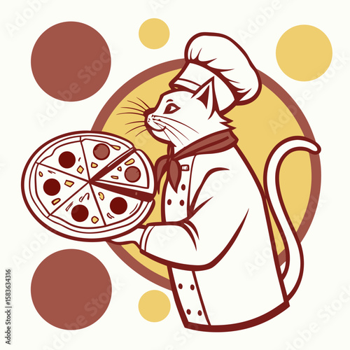 Cat chef holding pizza on colorful background  