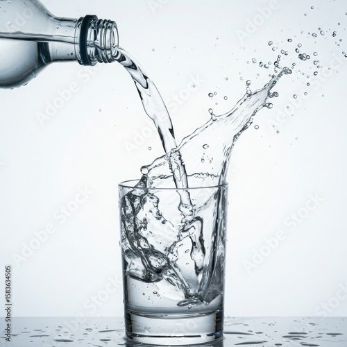 Clear water pouring from bottle into glass creating splash isolated on white background