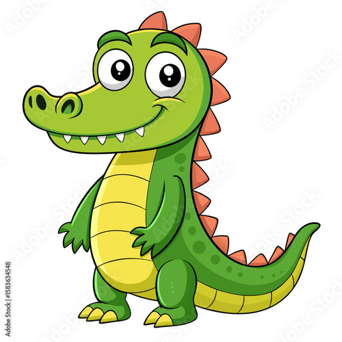 Cute cartoon green crocodile smiling with sharp teeth isolated on white background