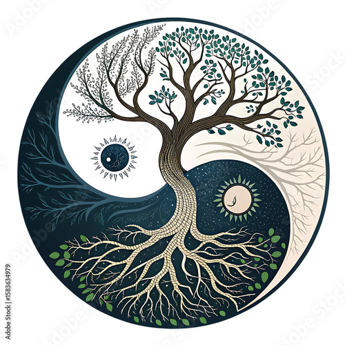 Yin yang tree of life symbolizing balance between day and night
