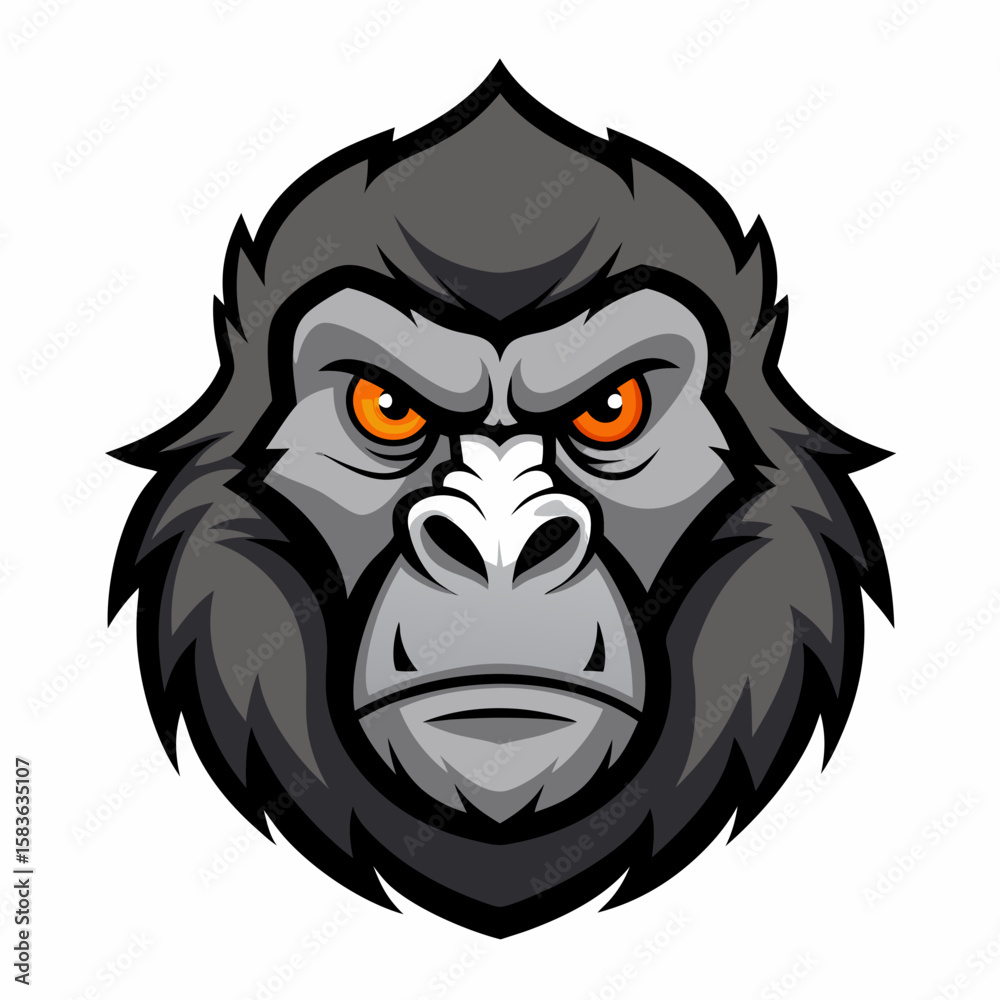 Fototapeta premium Fierce gorilla head mascot with intense orange eyes isolated on white background