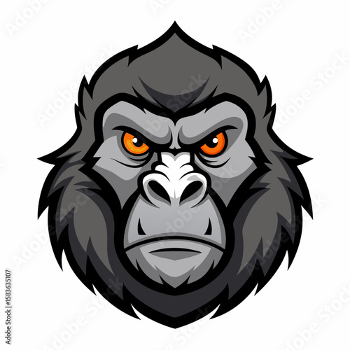 Fierce gorilla head mascot with intense orange eyes isolated on white background