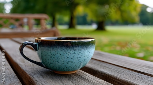 Ceramic Cup on a Wooden Table Surrounded by Lush Greenery in a Peaceful Outdoor Setting