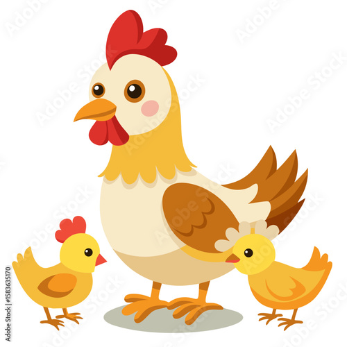Cute cartoon hen with two chicks isolated on white background