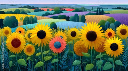 Vibrant Sunflower Field Overlooking Rolling Hills and Colorful Landscape Under Clear Sky