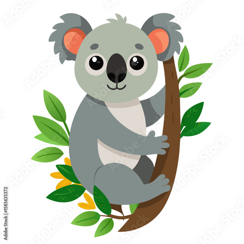Cute cartoon koala clinging to a tree branch with green leaves isolated on white background