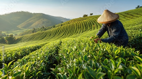 The tea farmer carefully harvesting fresh leaves in rolling green hills.