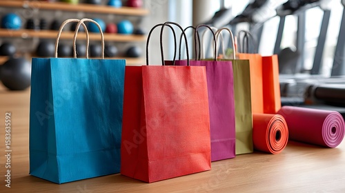 Colorful Shopping Bags Arranged on a Wooden Surface with Gym Equipment in a Fitness Studio