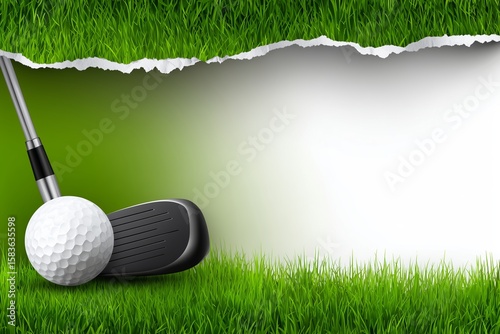 Golf club poised to strike a golf ball against a vibrant green grass backdrop, featuring a torn paper effect that enhances the dynamic and sporty atmosphere of the scene