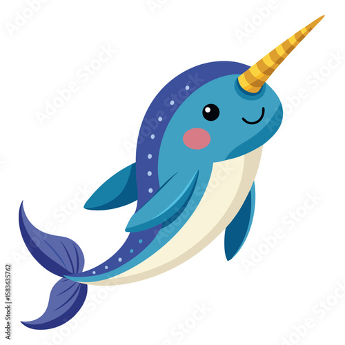 Cute blue narwhal with golden horn swimming happily isolated on white background