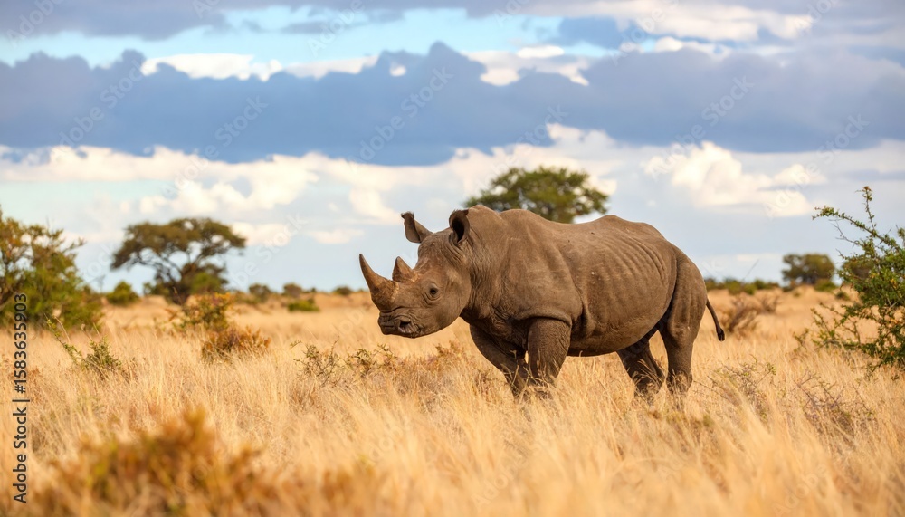 Obraz premium Rhino grazes savanna at golden hour.