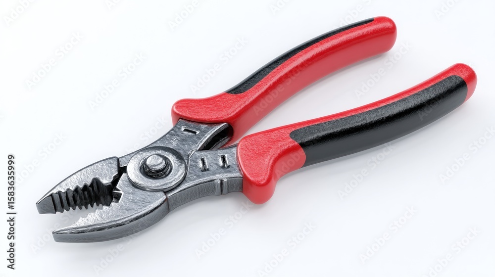 Fototapeta premium Pliers tool with red and black handles seen from a high angle,isolated on a white surface