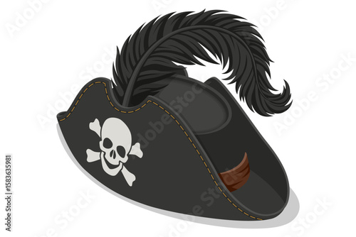 A classic Isometric black pirate hat adorned with a white skull and crossbones emblem and flowing black feather, symbolizing swashbuckling adventure. Pirate, sea robber, Marauder, Desperado, Ruthless