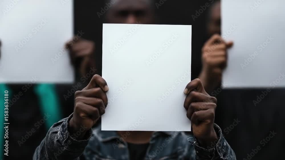 Blank sheets held by anonymous figures. A group of people, faces obscured by blank sheets of paper, in a protest or demonstration Blank sheets held by anonymous figures. A group of people, faces obscured by blank sheets of paper, in a protest or demonstration
