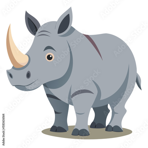 Cute cartoon rhinoceros standing on a patch of ground isolated on white background