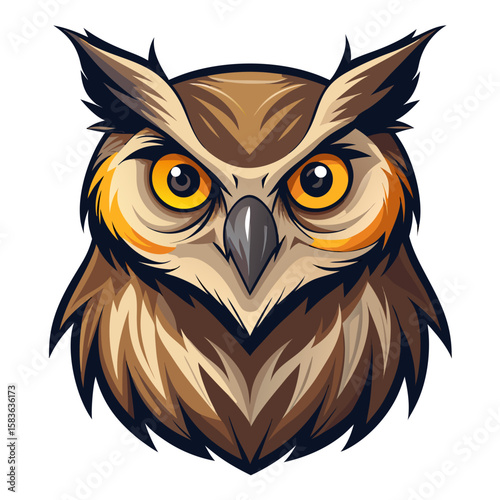 Close up of a fierce owl head with bright yellow eyes isolated on white background