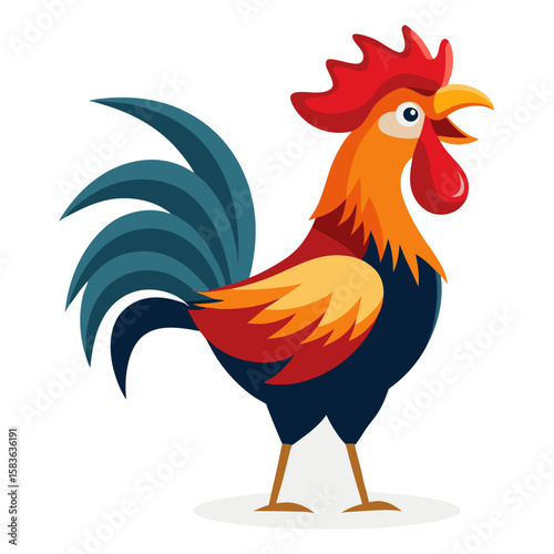 Colorful cartoon rooster crowing loudly isolated on white background