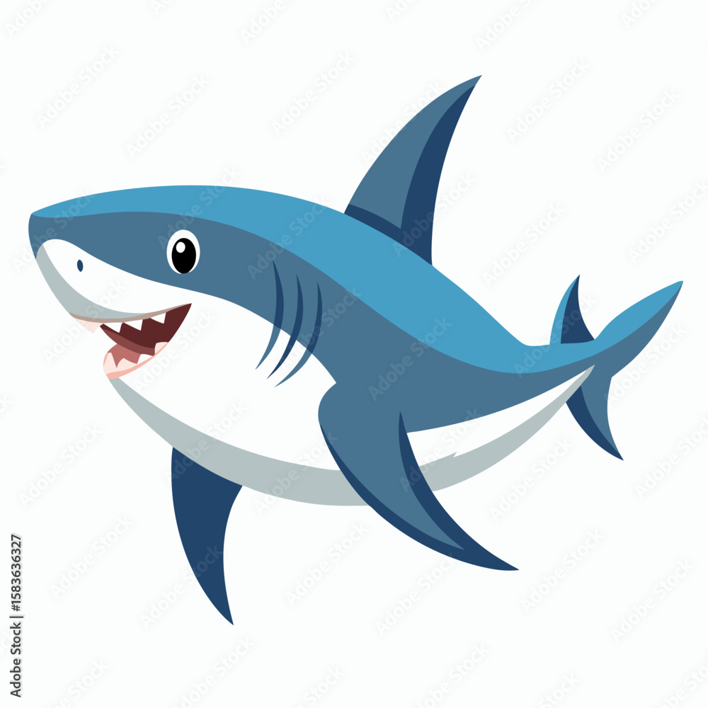 Fototapeta premium Friendly cartoon shark with sharp teeth smiling isolated on white background