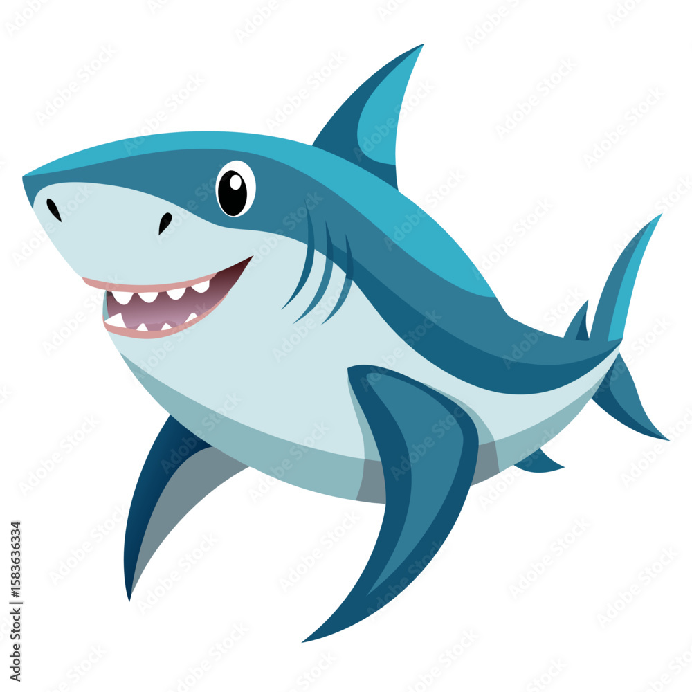 Naklejka premium Happy cartoon shark swimming with a friendly smile isolated on white background