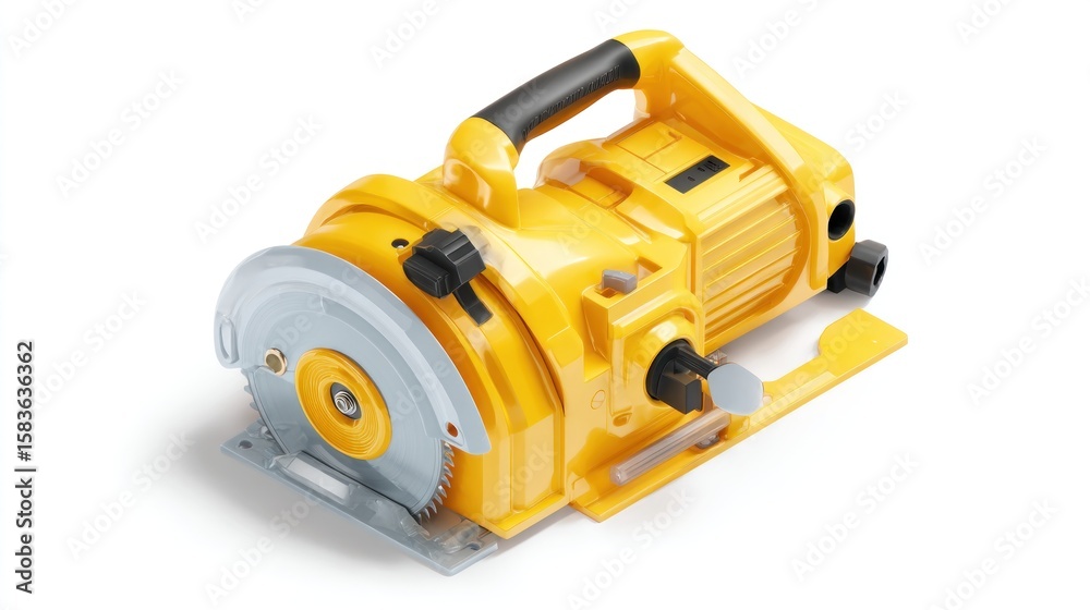 Fototapeta premium Yellow circular saw with a gray blade resting on a white surface