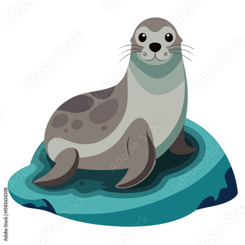 Cute cartoon seal sitting on a blue ice floe isolated on white background