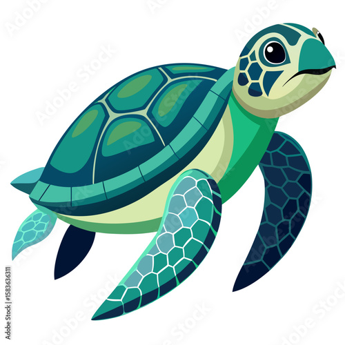 Stylized green sea turtle swimming gracefully isolated on white background