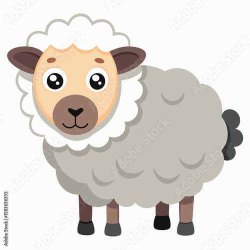 Cute cartoon sheep with fluffy wool isolated on white background