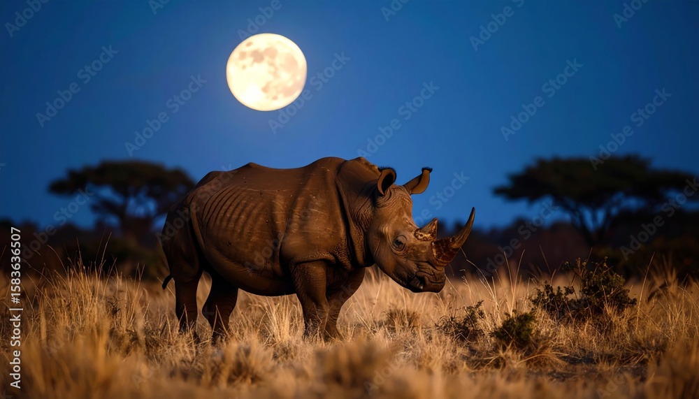 Fototapeta premium Rhino in savanna with moonlit night