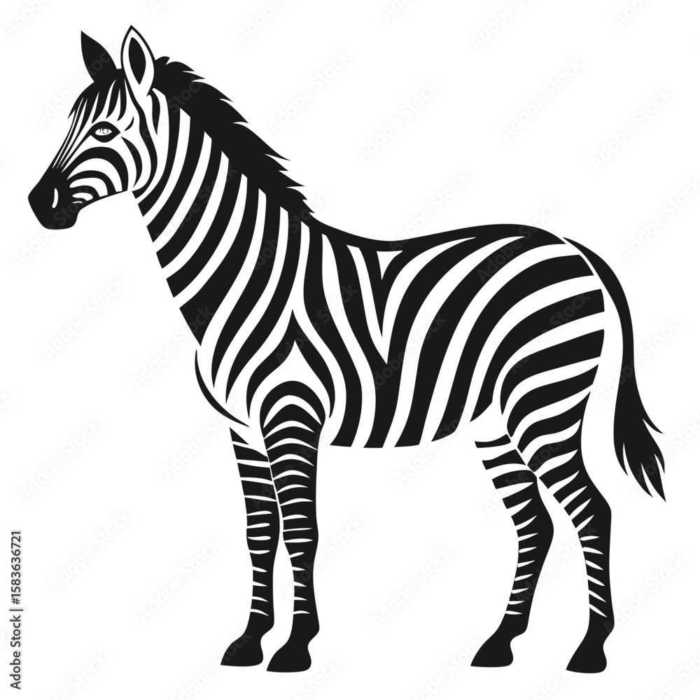 Fototapeta premium Stylized black and white zebra standing profile isolated on white background