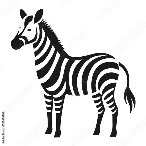 Stylized black and white zebra illustration standing profile isolated on white background
