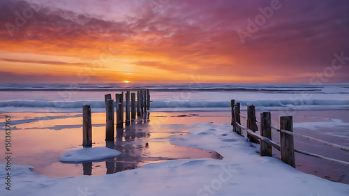 A Dramatic Winter Sunset Over a Snowy Beach,4k