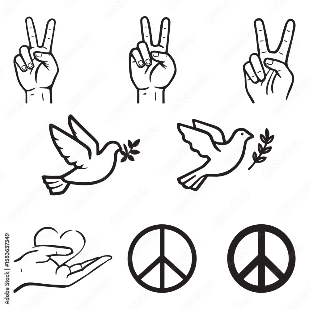 Fototapeta premium Peace Symbols Set – Vector Icons of Dove, Hand Gesture, Heart, and Peace Sign Outline