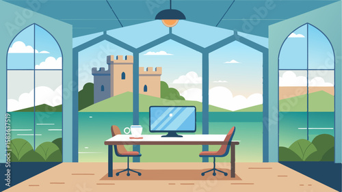 The castles sunroom transformed into a temporary office allowing for maximum natural light and sea breeze while attending virtual meetings.. Vector illustration