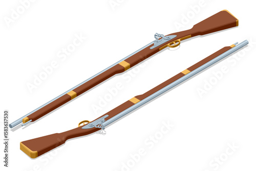 Musket Guns. Isometric set of two vintage flintlock muskets, detailed with wooden stocks and metal barrels, representing historical firearms from a bygone era. Pirate, sea robber, Marauder, Desperado