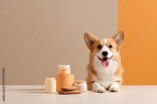 Cute Corgi Dog with Skincare Products on Table